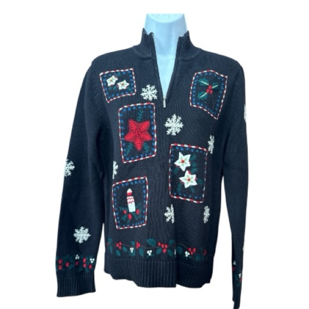 CHARTER CLUB Navy Quarter Zip Christmas Sweater Holiday Snowflake Medium